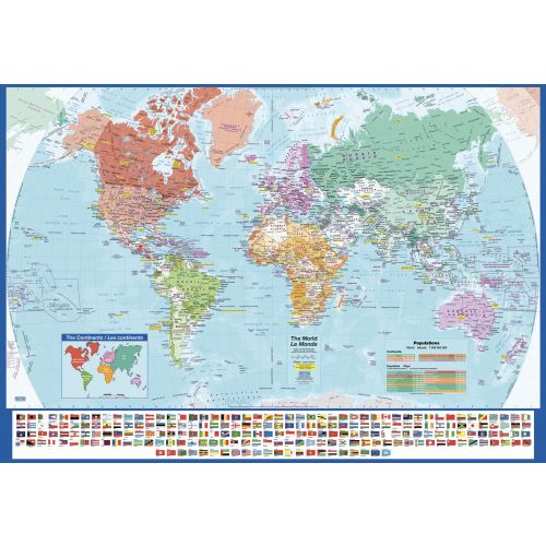 World Wall Map With Flags English And French Large
