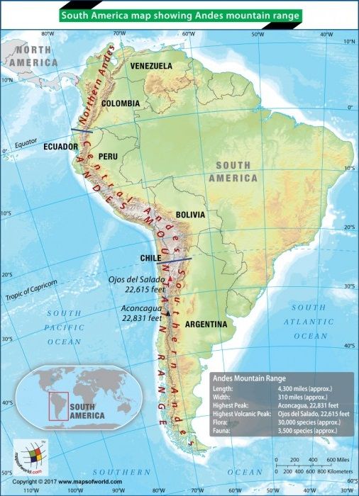 South America Map Showing Andes Mountain Range