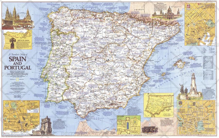 Travelers Map Of Spain And Portugal Published 1984