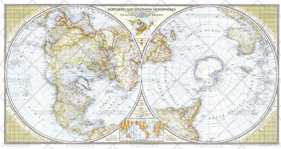 Northern And Southern Hemispheres Published 1943 Map