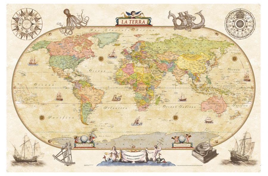 Political World Wall Map Antique Style Italian