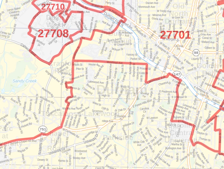 Durham County NC Zip Code Map