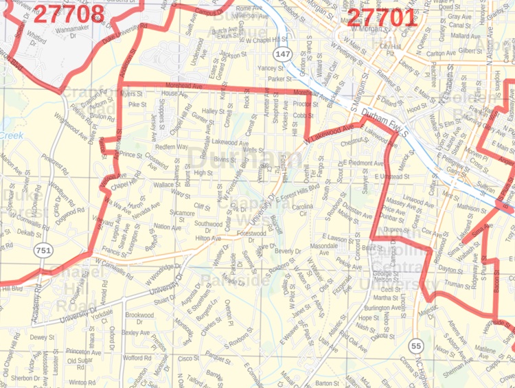 Durham NC Zip Code Map