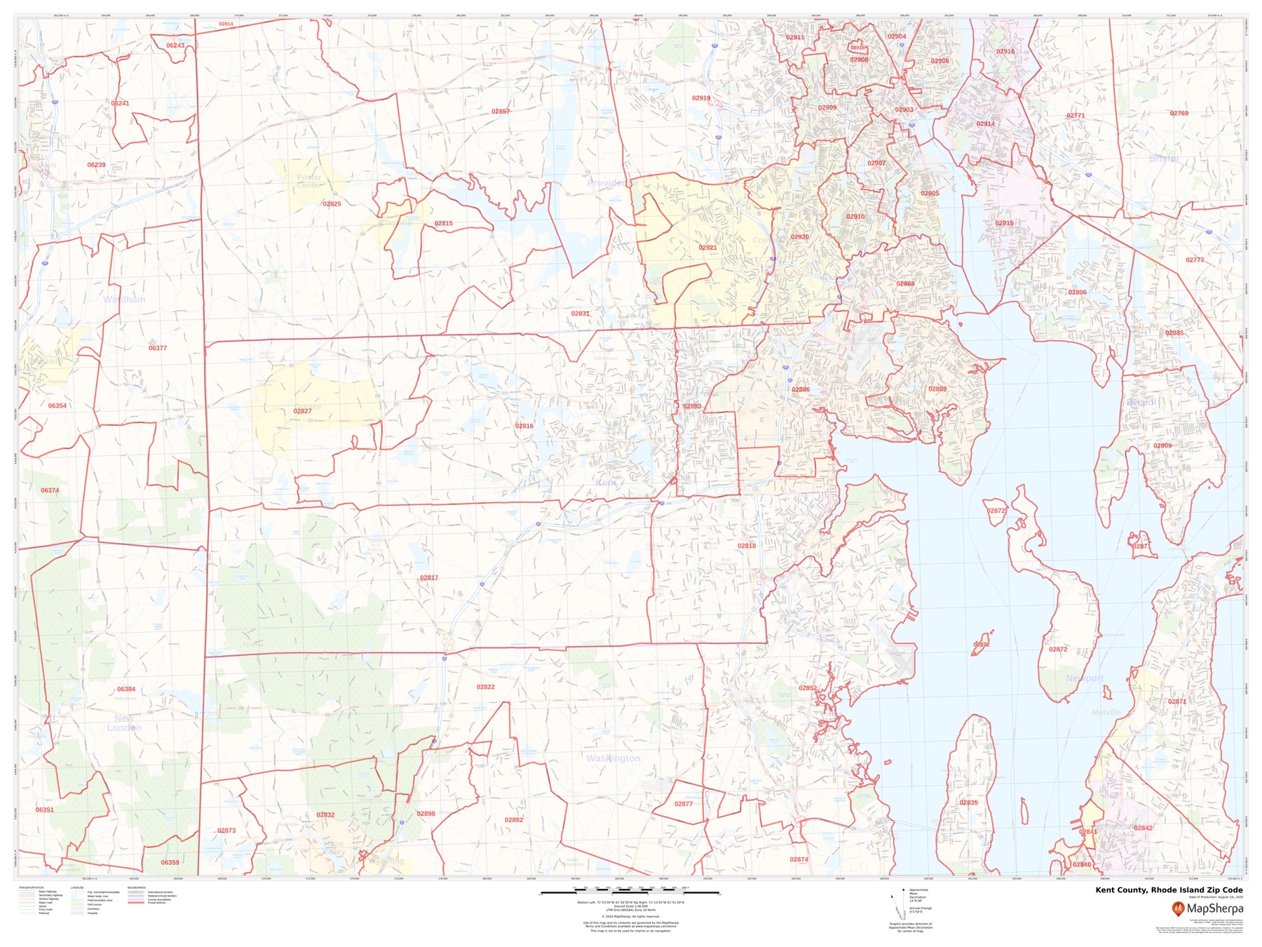 Kent County Zip Code Map, Rhode Island