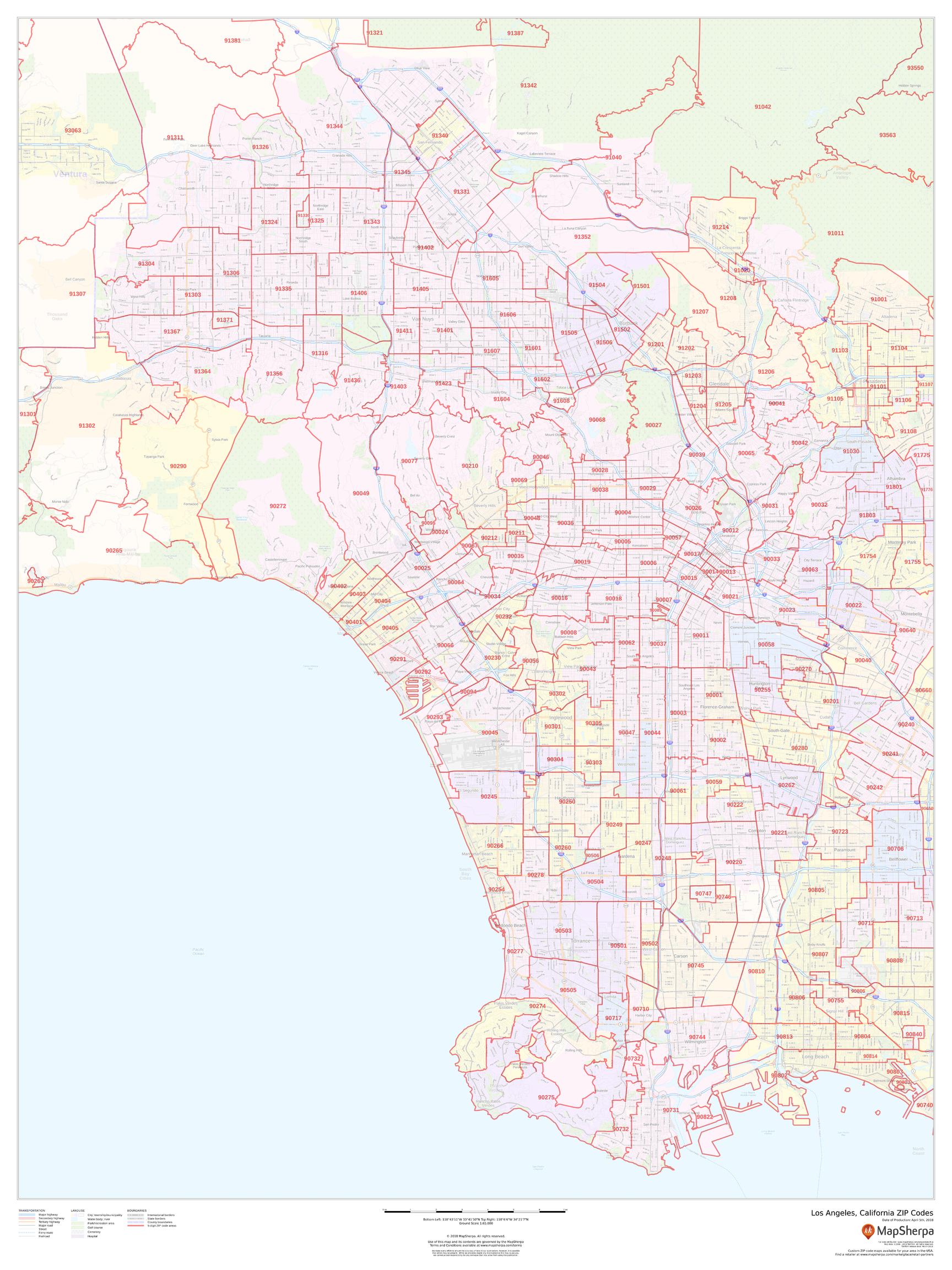 Los Angeles Zip Code Map, California
