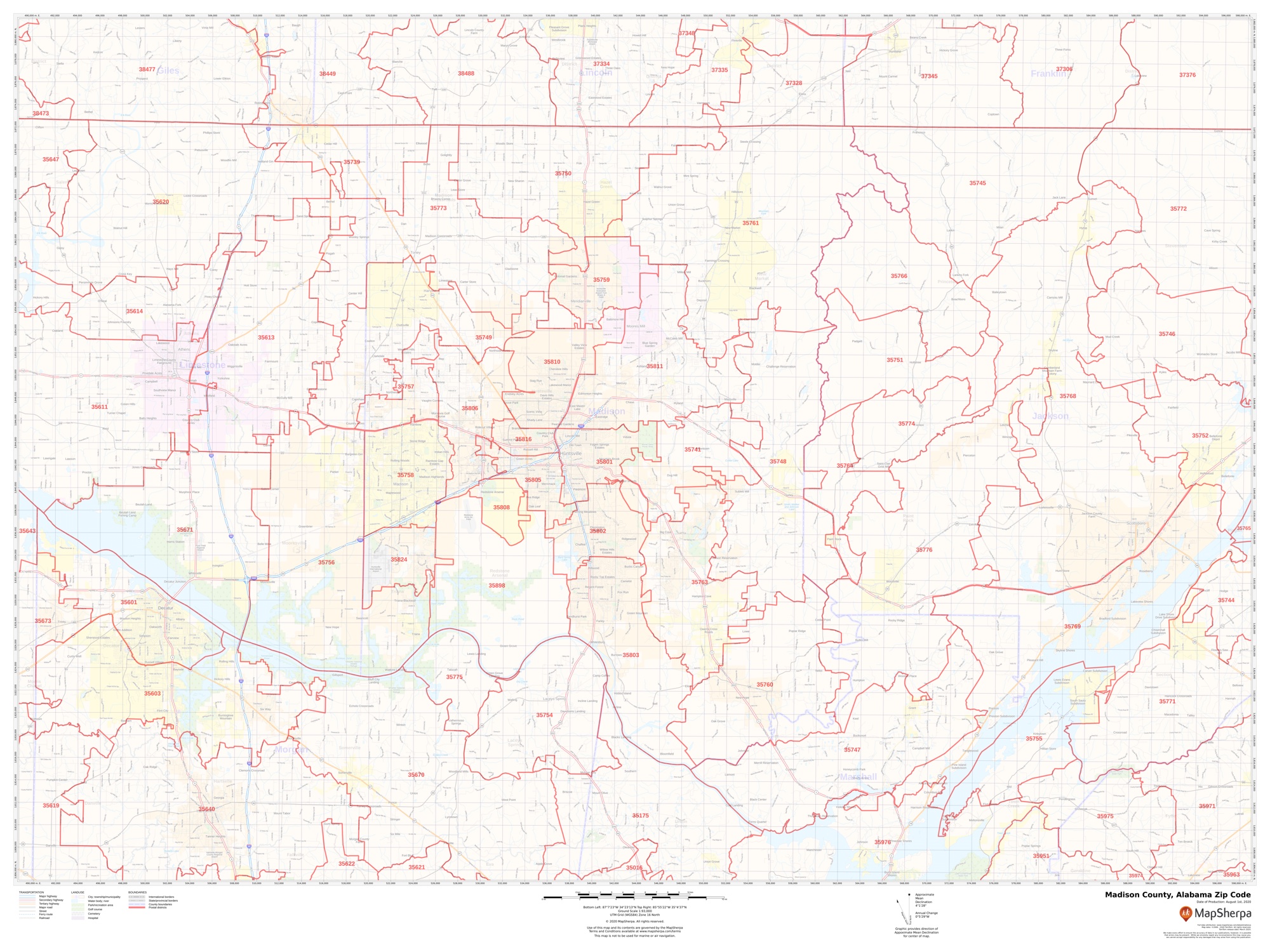 Madison County Zip Code Map, Alabama