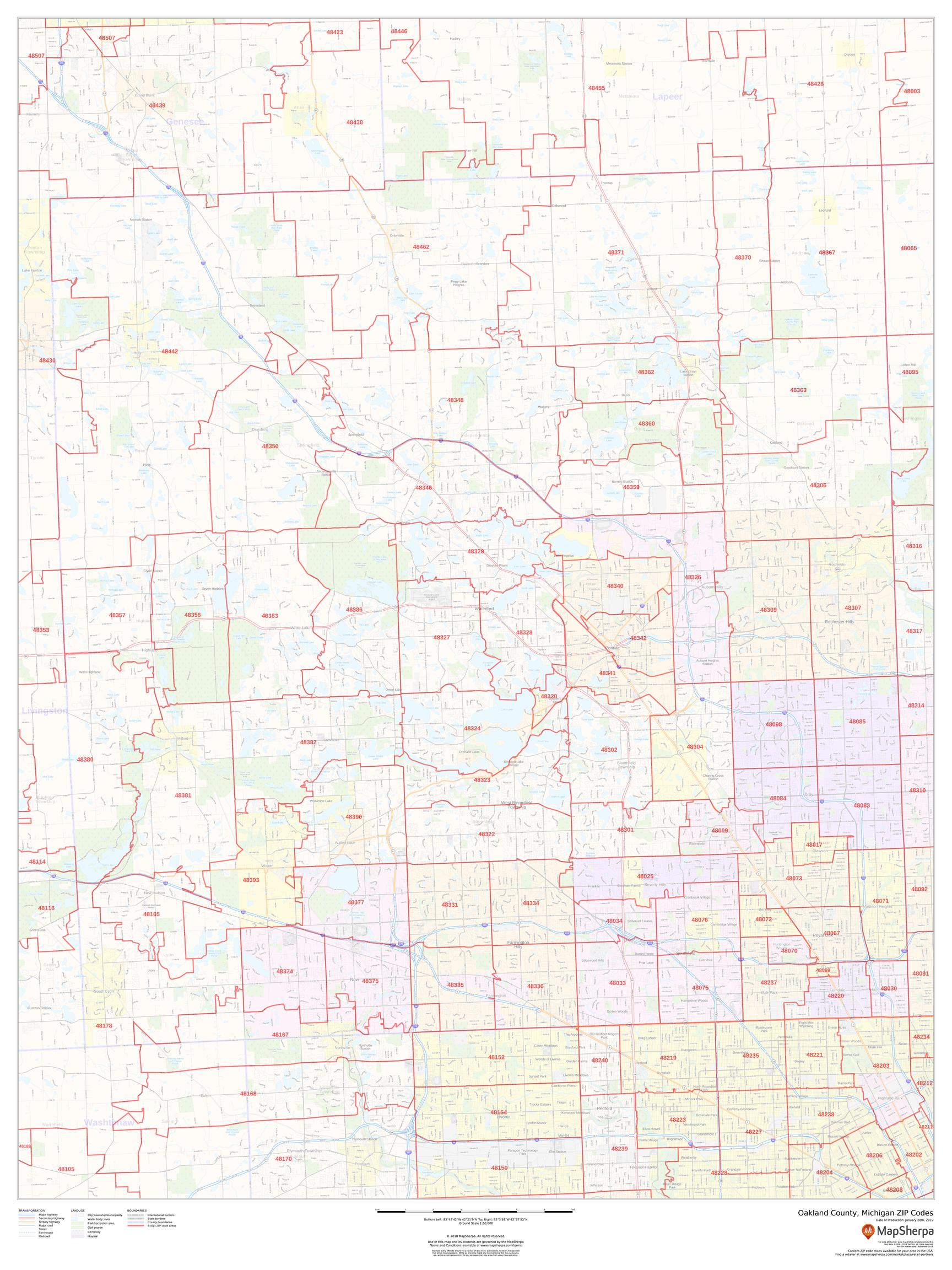 Oakland County Zip code Map (Michigan)