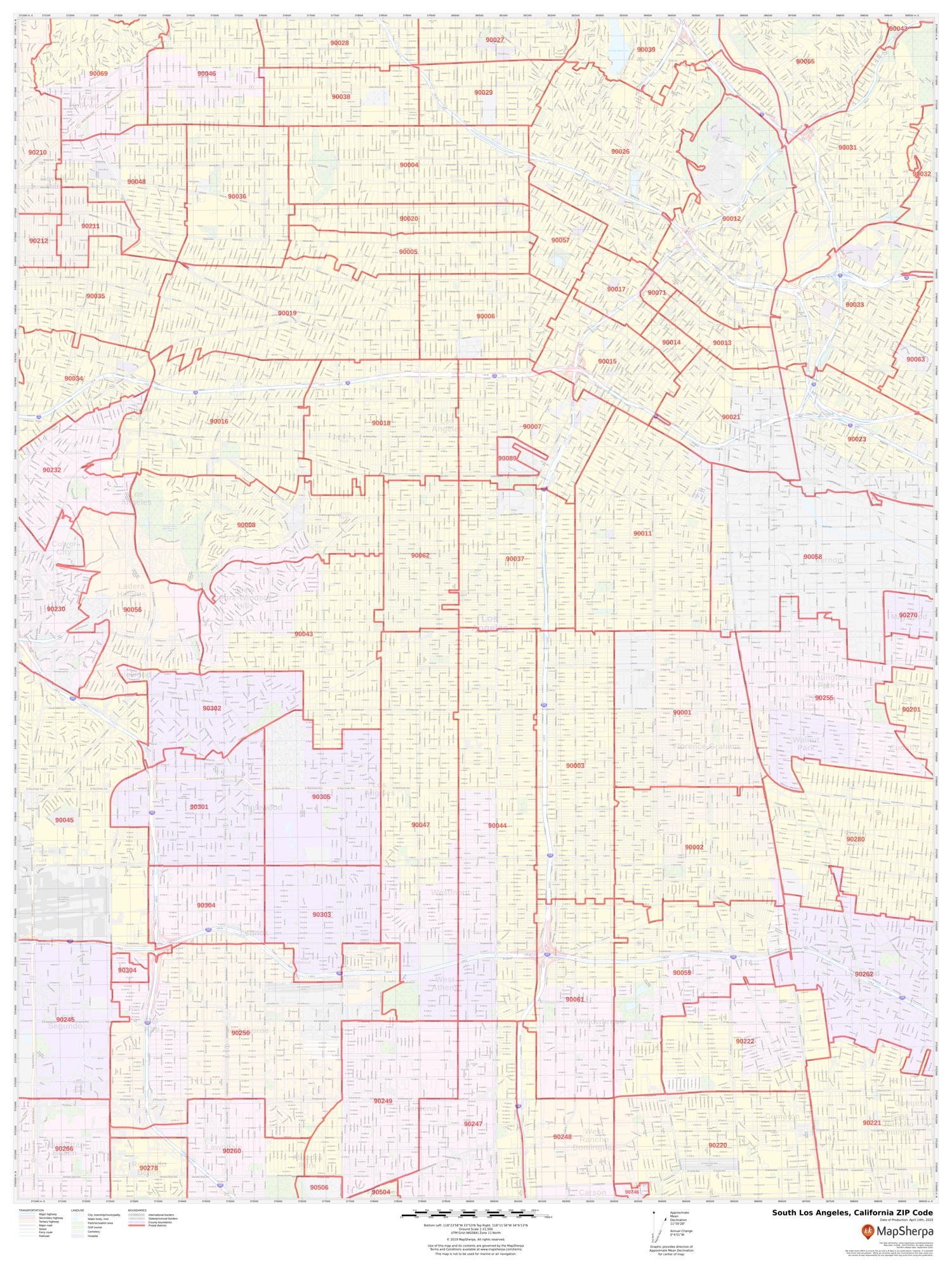 South Los Angeles Zip Code Map CA